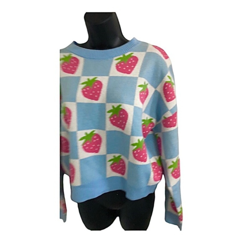 Blue White Strawberry Checkered Pattern Crew Neck… - image 3